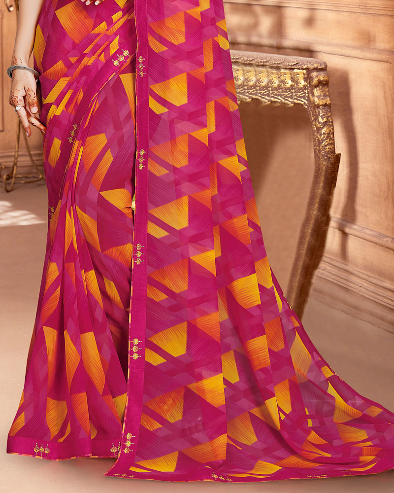 Vishal Prints Dark Fuchsia Printed Georgette Saree With Fancy Border