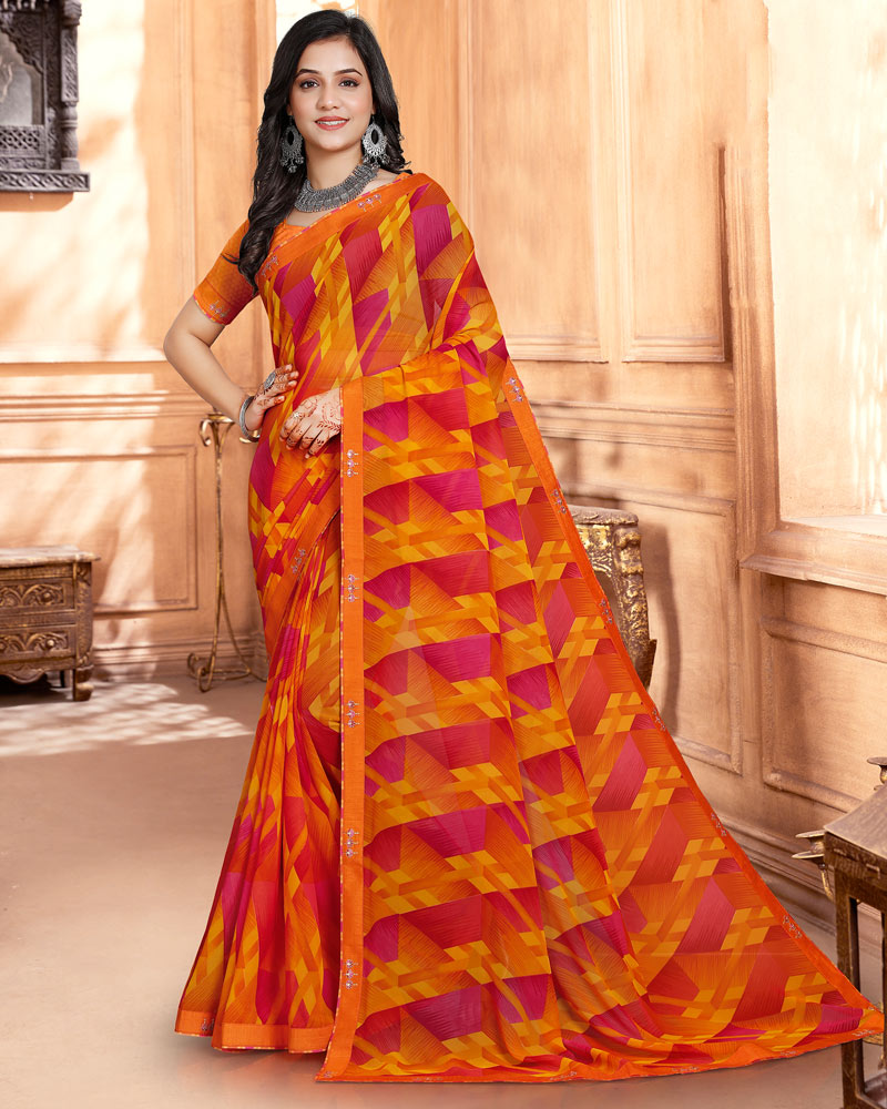 Vishal Prints Orange Printed Georgette Saree With Fancy Border