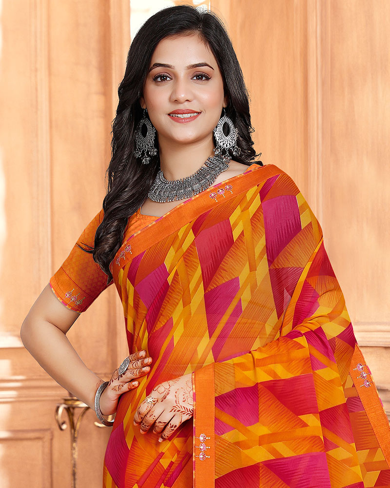 Vishal Prints Orange Printed Georgette Saree With Fancy Border