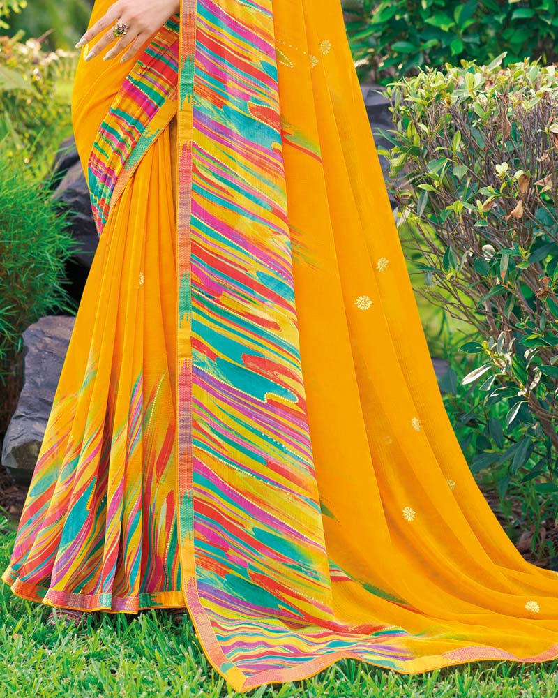 Vishal Prints Mustard Printed Digital Print Georgette Saree With Foil Print And Fancy Border