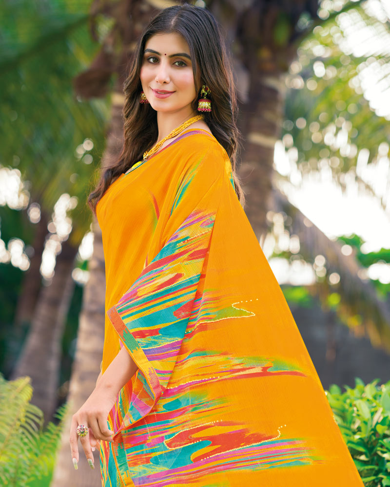 Vishal Prints Mustard Printed Digital Print Georgette Saree With Foil Print And Fancy Border