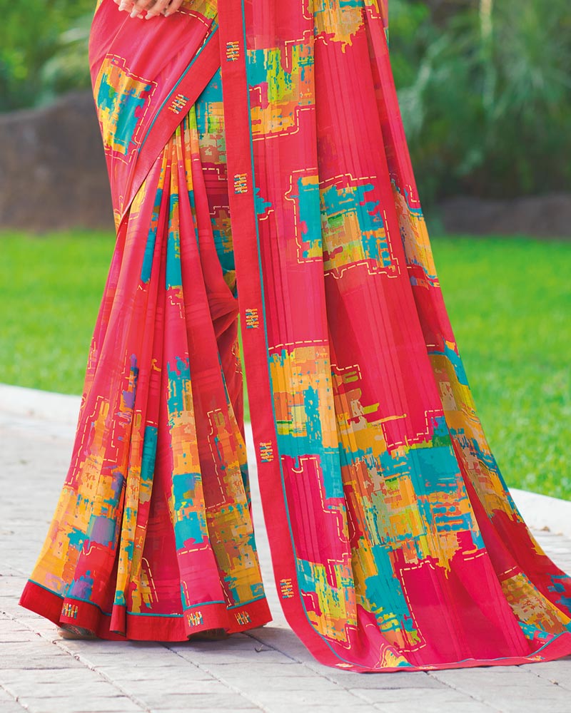 Vishal Prints Amaranth Pink Printed Digital Print Georgette Saree With Foil Print And Fancy Border