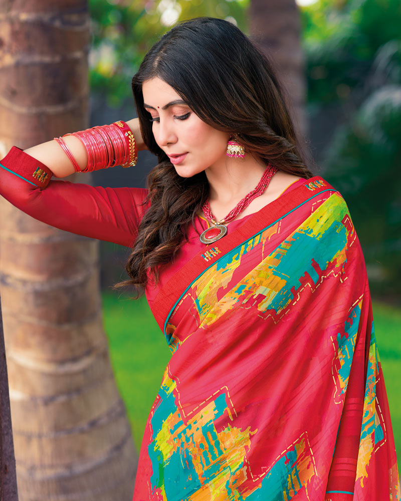 Vishal Prints Amaranth Pink Printed Digital Print Georgette Saree With Foil Print And Fancy Border