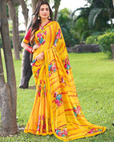 Vishal Prints Golden Yellow Printed Digital Print Georgette Saree With Foil Print And Fancy Border