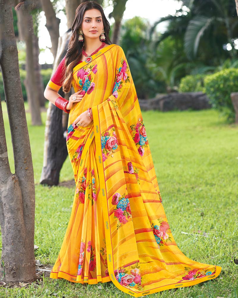 Vishal Prints Golden Yellow Printed Digital Print Georgette Saree With Foil Print And Fancy Border