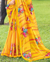 Vishal Prints Golden Yellow Printed Digital Print Georgette Saree With Foil Print And Fancy Border
