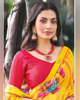Vishal Prints Golden Yellow Printed Digital Print Georgette Saree With Foil Print And Fancy Border