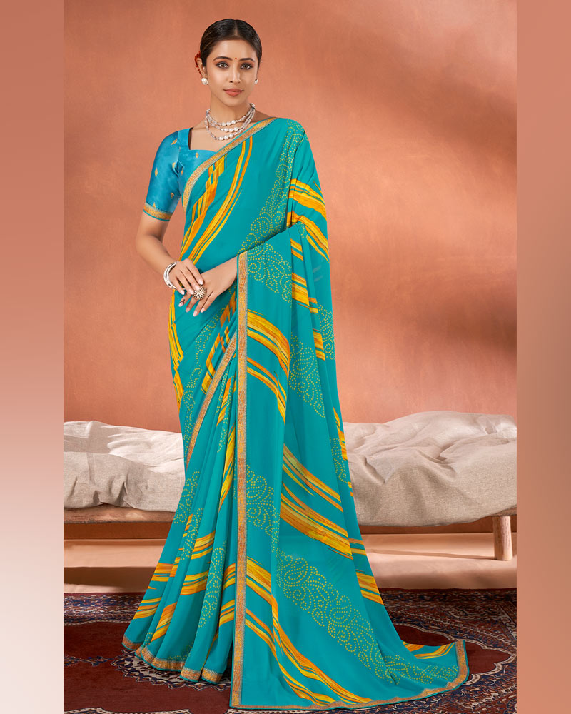 Vishal Prints Dark Turquoise Blue Printed Georgette Saree With Fancy Border