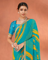 Vishal Prints Dark Turquoise Blue Printed Georgette Saree With Fancy Border