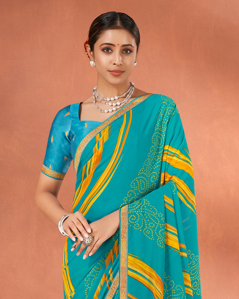 Vishal Prints Dark Turquoise Blue Printed Georgette Saree With Fancy Border