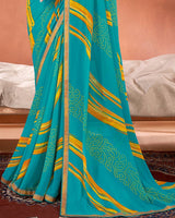 Vishal Prints Dark Turquoise Blue Printed Georgette Saree With Fancy Border