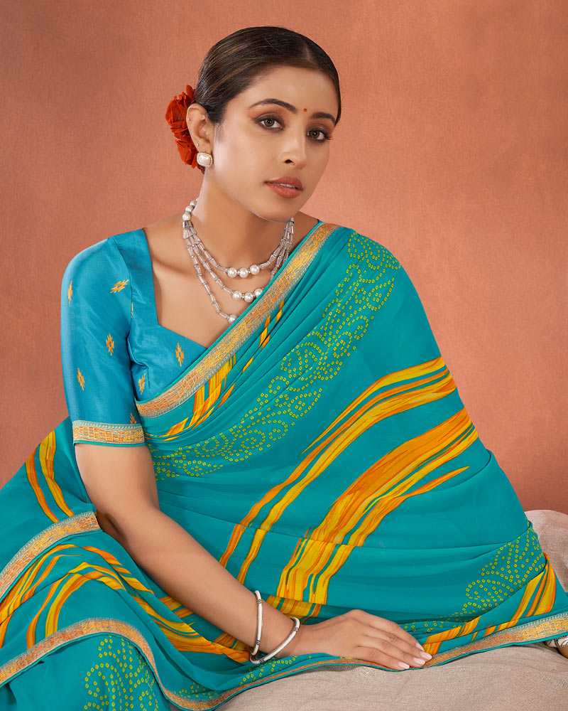 Vishal Prints Dark Turquoise Blue Printed Georgette Saree With Fancy Border