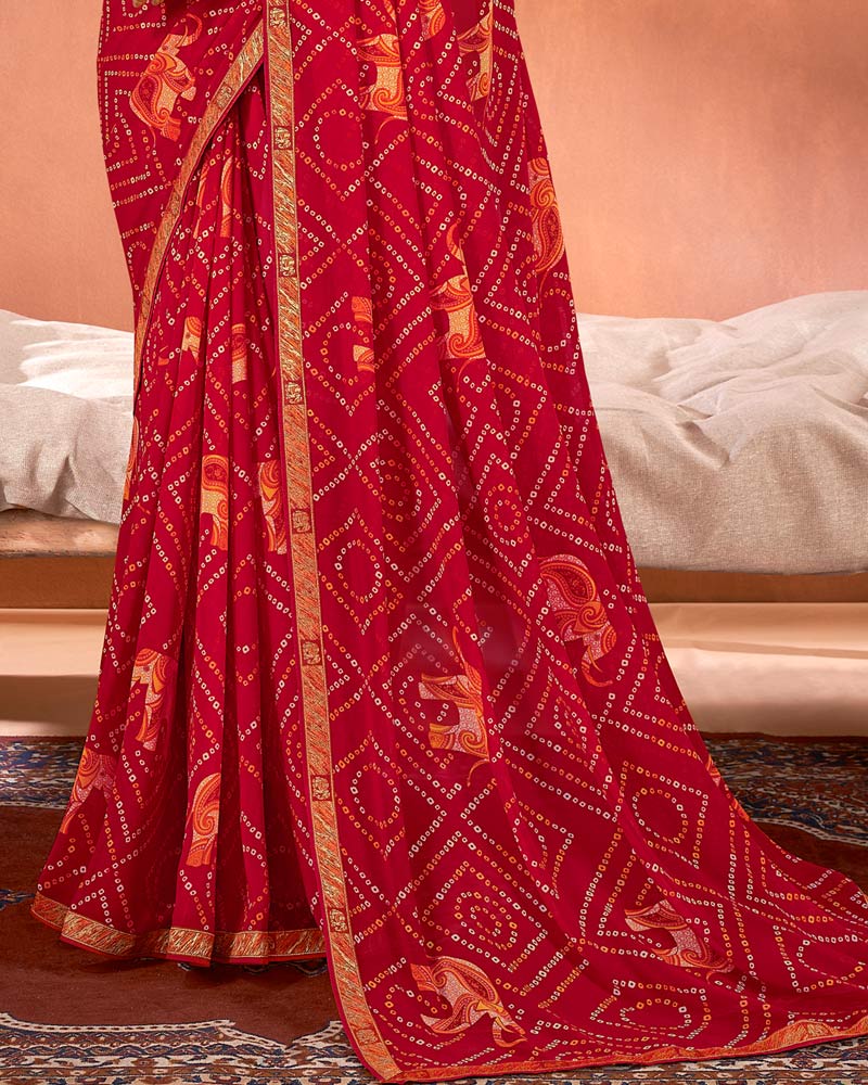 Vishal Prints Dark Red Printed Georgette Saree With Fancy Border