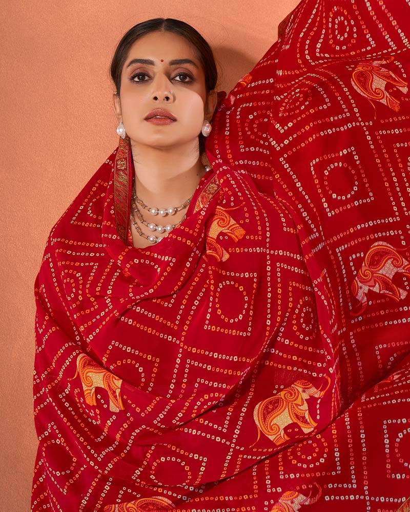 Vishal Prints Dark Red Printed Georgette Saree With Fancy Border