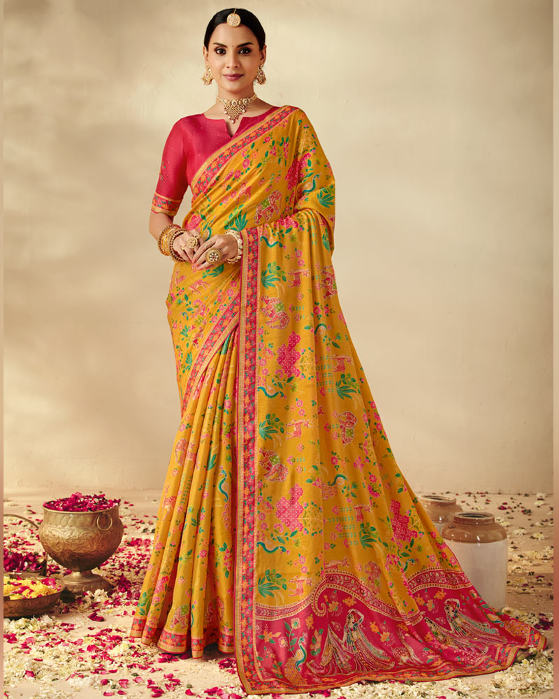 Vishal Prints Yellow Mustard Designer Soft Silk Traditional Print Saree With Diamond Work And Core Piping