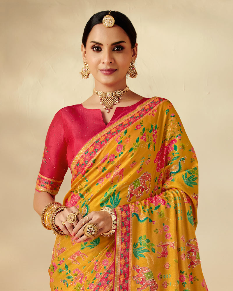 Vishal Prints Yellow Mustard Designer Soft Silk Traditional Print Saree With Diamond Work And Core Piping