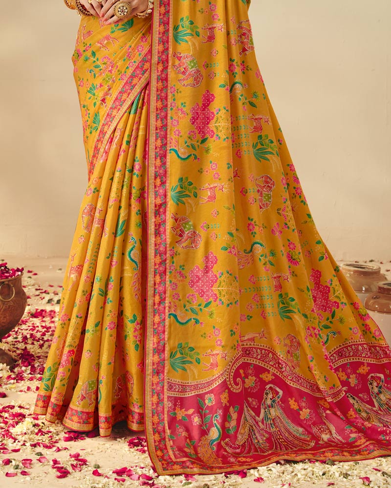 Vishal Prints Yellow Mustard Designer Soft Silk Traditional Print Saree With Diamond Work And Core Piping