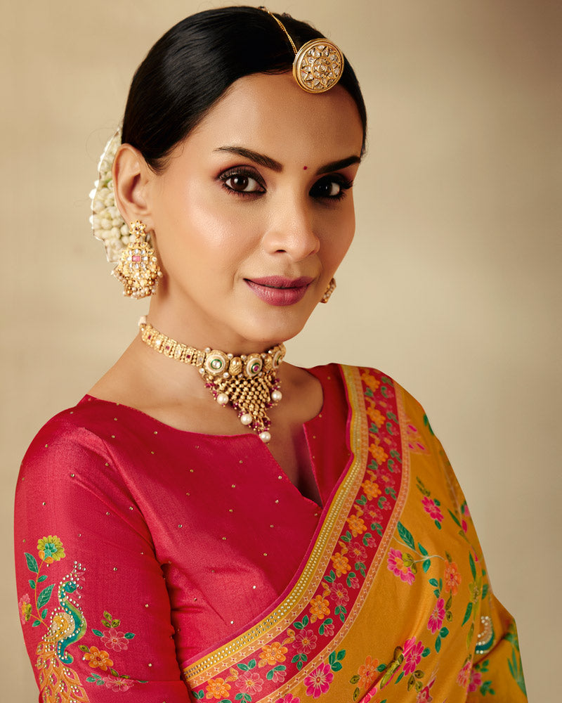 Vishal Prints Yellow Mustard Designer Soft Silk Traditional Print Saree With Diamond Work And Core Piping
