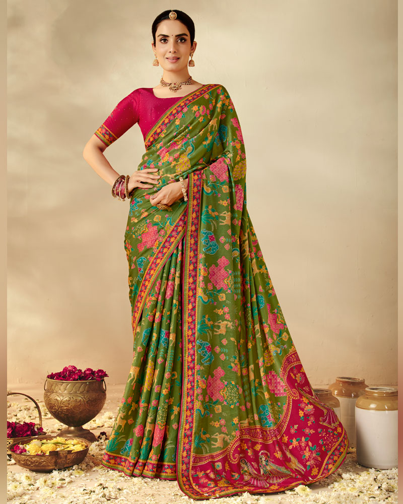Vishal Prints Mehandi Green Designer Soft Silk Traditional Print Saree With Diamond Work And Core Piping