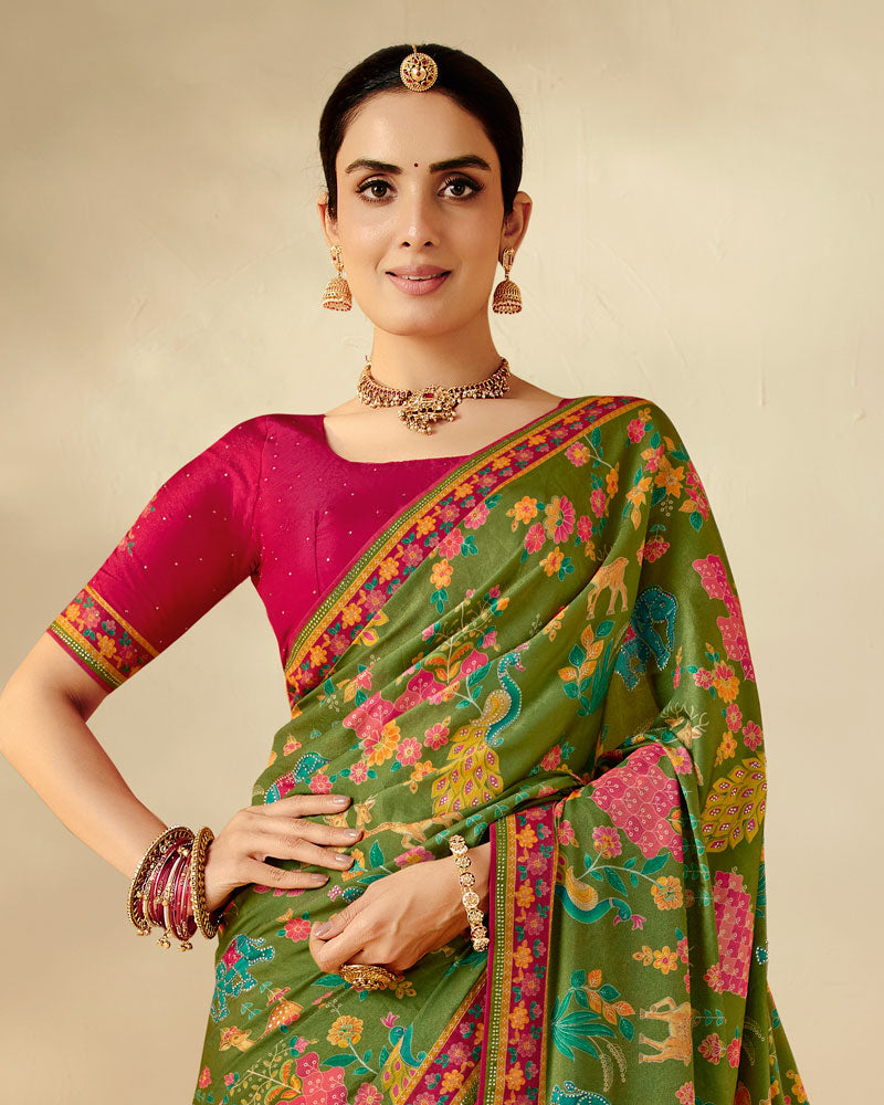 Vishal Prints Mehandi Green Designer Soft Silk Traditional Print Saree With Diamond Work And Core Piping