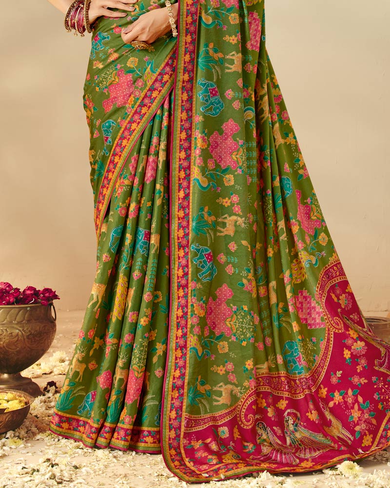 Vishal Prints Mehandi Green Designer Soft Silk Traditional Print Saree With Diamond Work And Core Piping