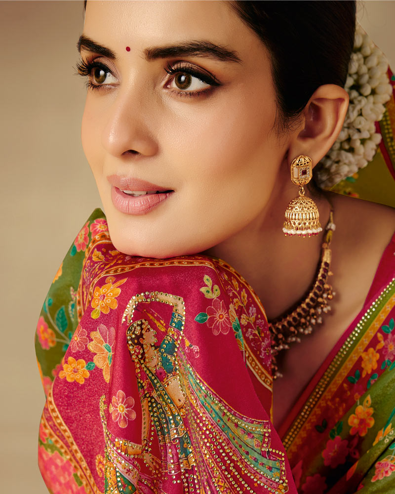 Vishal Prints Mehandi Green Designer Soft Silk Traditional Print Saree With Diamond Work And Core Piping