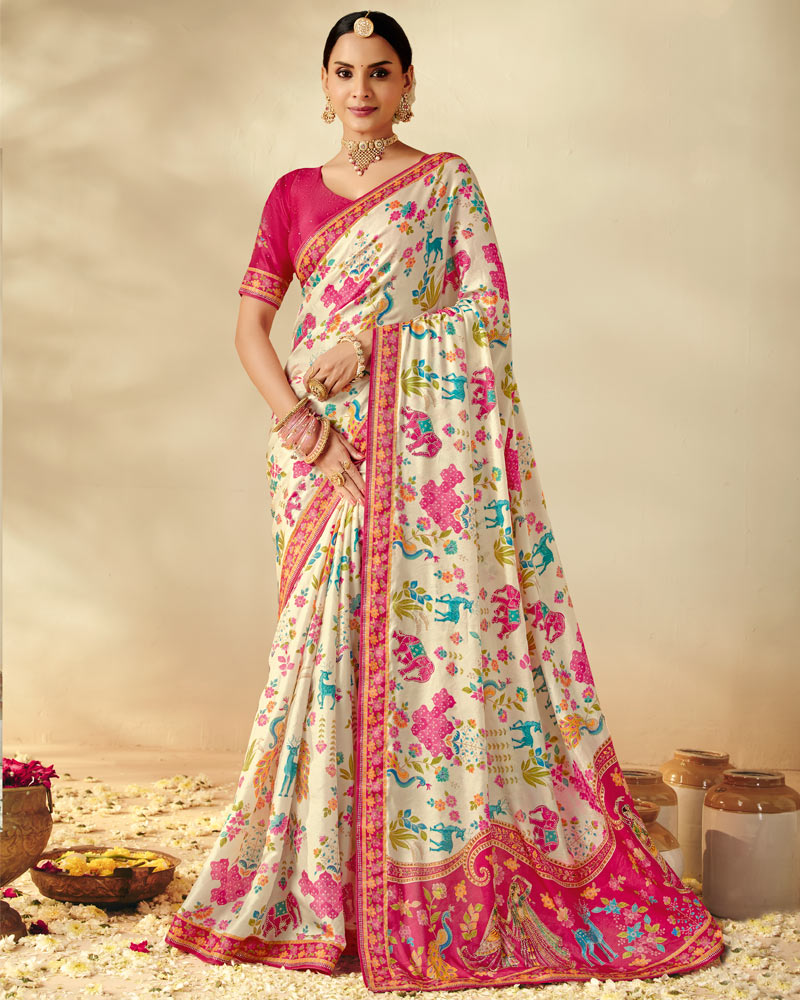 Vishal Prints Cream-White Designer Soft Silk Traditional Print Saree With Diamond Work And Core Piping