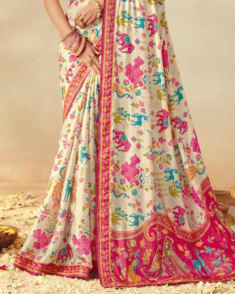 Vishal Prints Cream-White Designer Soft Silk Traditional Print Saree With Diamond Work And Core Piping