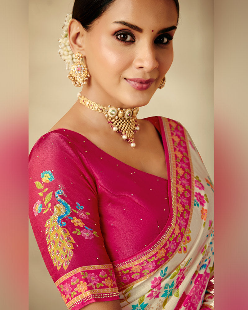 Vishal Prints Cream-White Designer Soft Silk Traditional Print Saree With Diamond Work And Core Piping
