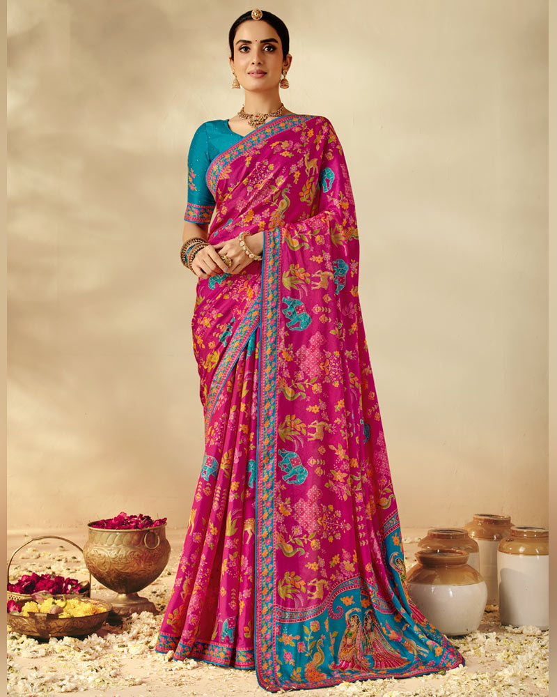 Vishal Prints Dark Hot Pink Designer Soft Silk Traditional Print Saree With Diamond Work And Core Piping