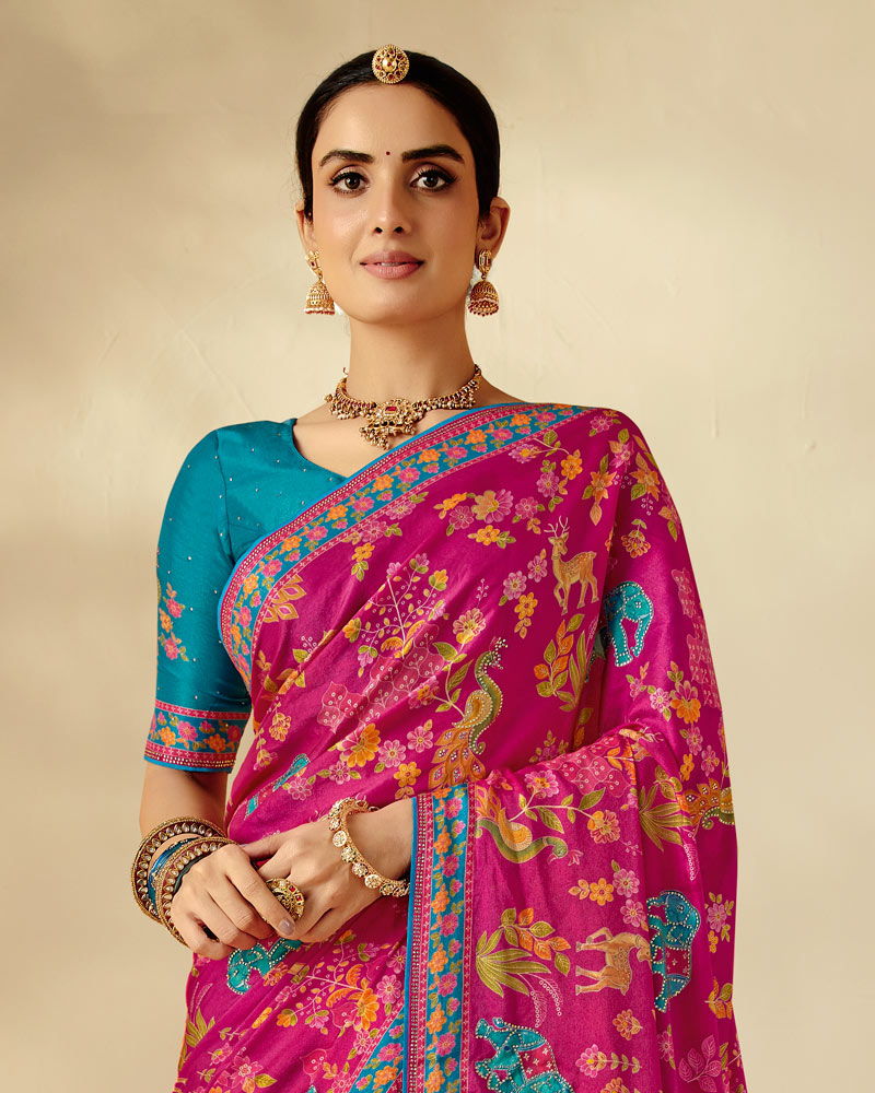Vishal Prints Dark Hot Pink Designer Soft Silk Traditional Print Saree With Diamond Work And Core Piping