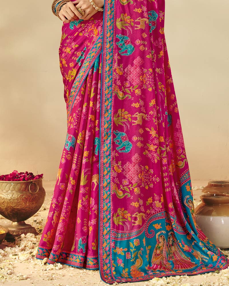 Vishal Prints Dark Hot Pink Designer Soft Silk Traditional Print Saree With Diamond Work And Core Piping