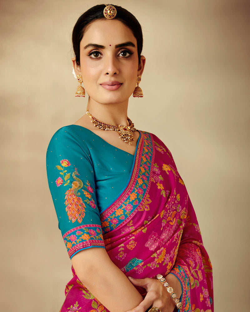 Vishal Prints Dark Hot Pink Designer Soft Silk Traditional Print Saree With Diamond Work And Core Piping