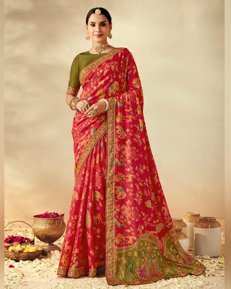 Vishal Prints Persian Red Designer Soft Silk Traditional Print Saree With Diamond Work And Core Piping