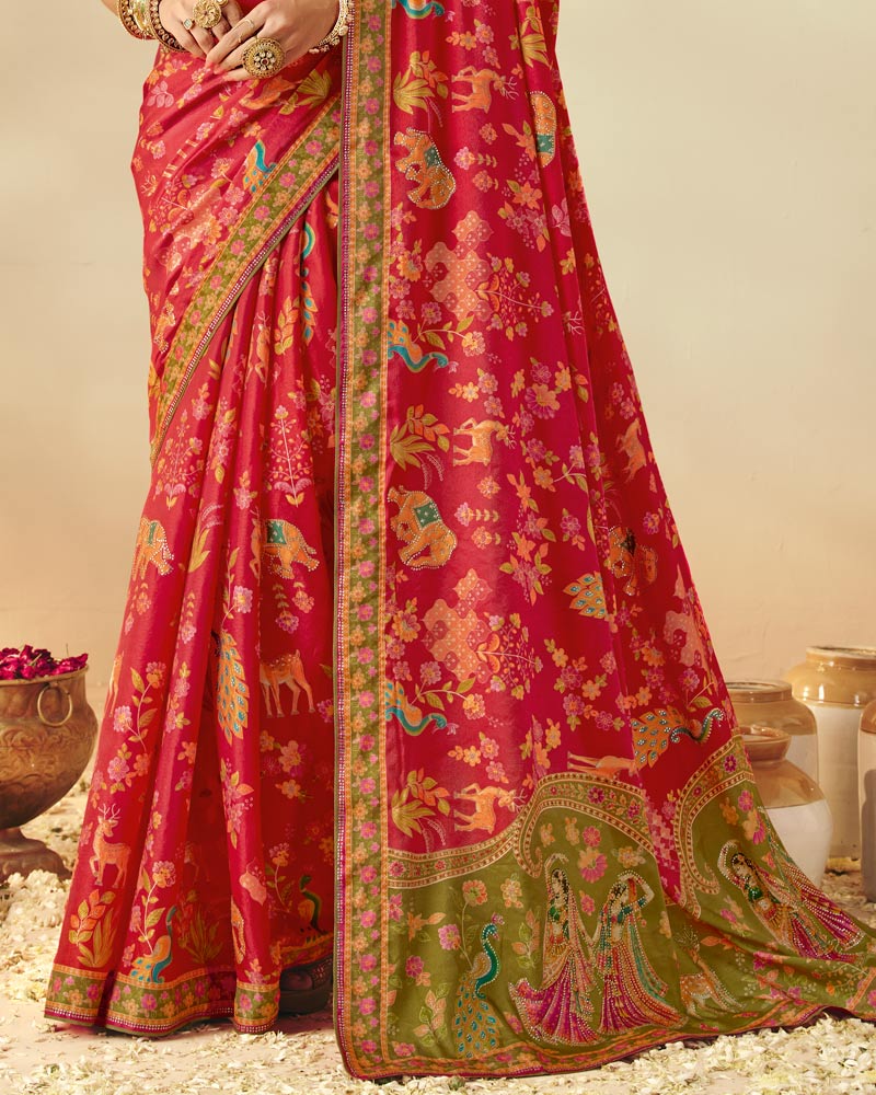 Vishal Prints Persian Red Designer Soft Silk Traditional Print Saree With Diamond Work And Core Piping
