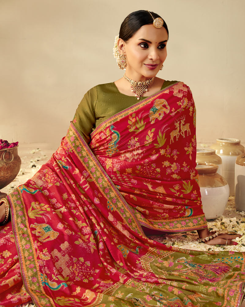 Vishal Prints Persian Red Designer Soft Silk Traditional Print Saree With Diamond Work And Core Piping