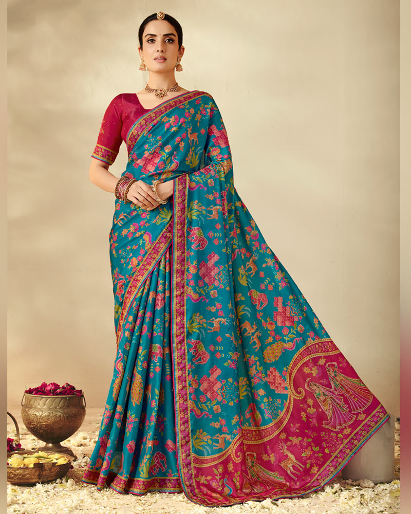 Vishal Prints Peacock Blue Designer Soft Silk Traditional Print Saree With Diamond Work And Core Piping