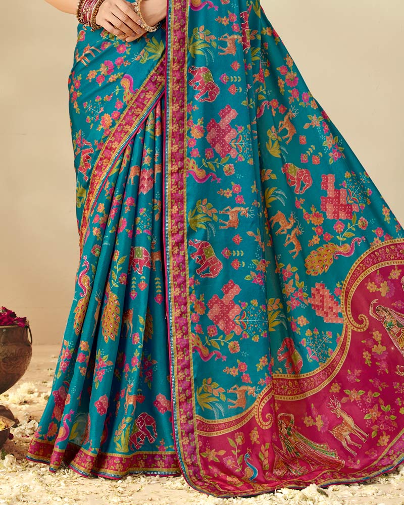 Vishal Prints Peacock Blue Designer Soft Silk Traditional Print Saree With Diamond Work And Core Piping