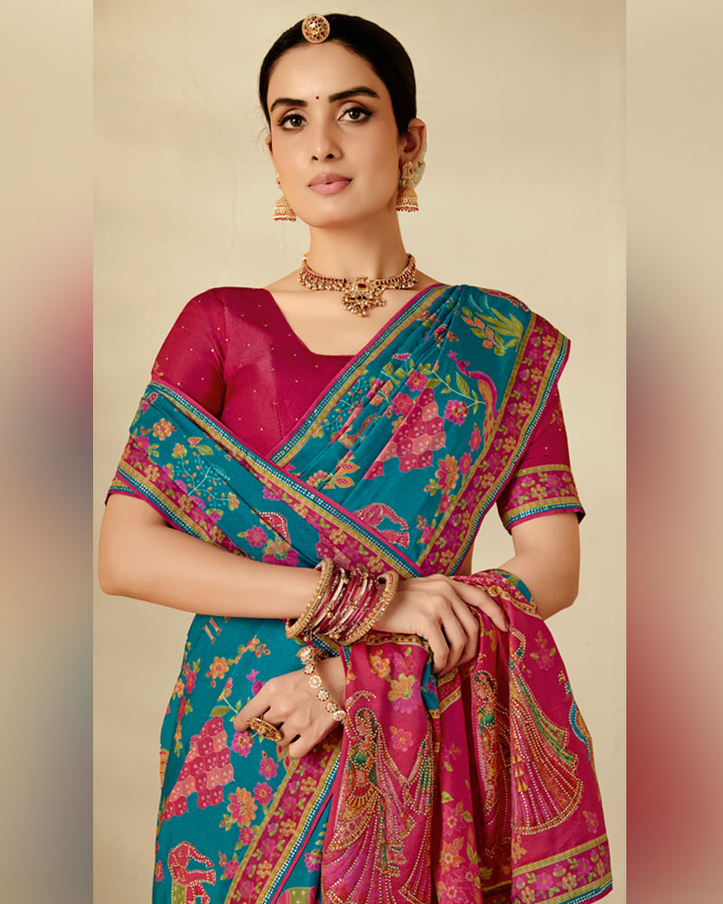 Vishal Prints Peacock Blue Designer Soft Silk Traditional Print Saree With Diamond Work And Core Piping