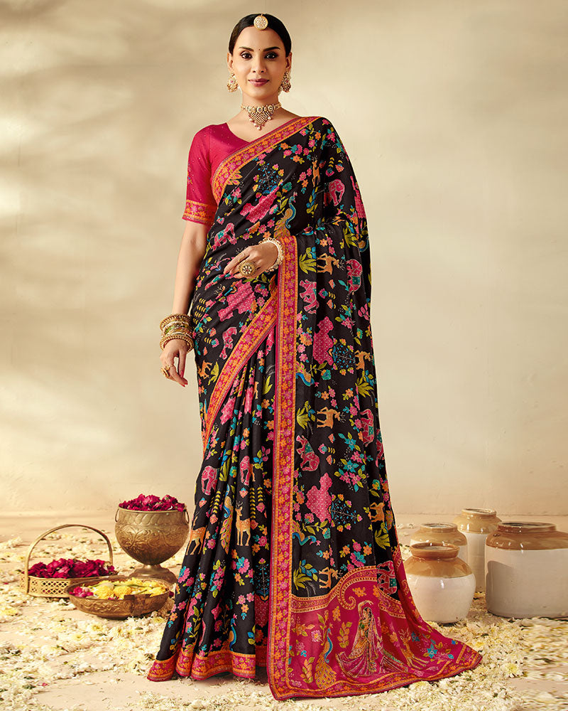 Vishal Prints Midnight Black Designer Soft Silk Traditional Print Saree With Diamond Work And Core Piping