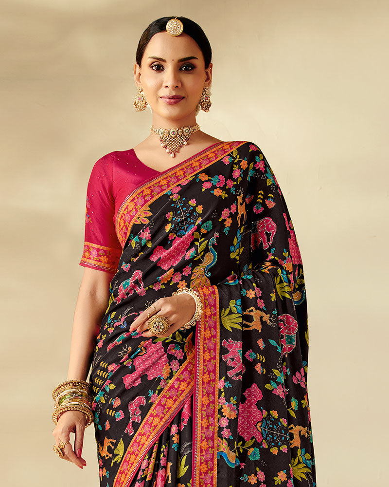 Vishal Prints Midnight Black Designer Soft Silk Traditional Print Saree With Diamond Work And Core Piping
