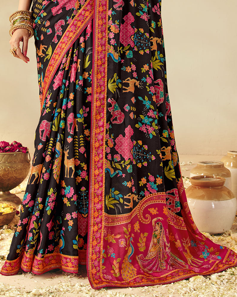 Vishal Prints Midnight Black Designer Soft Silk Traditional Print Saree With Diamond Work And Core Piping