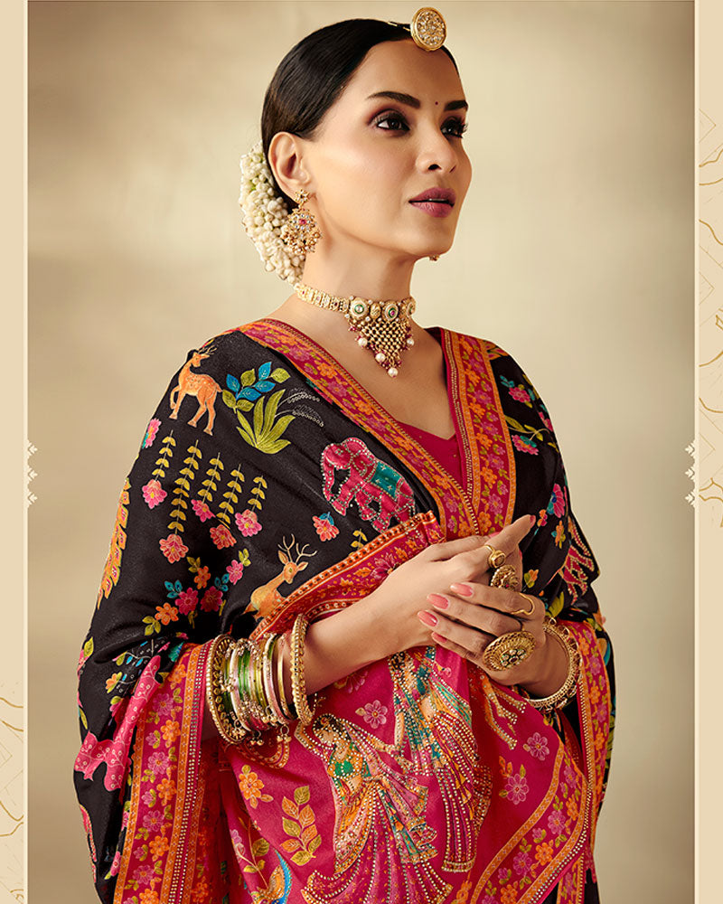 Vishal Prints Midnight Black Designer Soft Silk Traditional Print Saree With Diamond Work And Core Piping