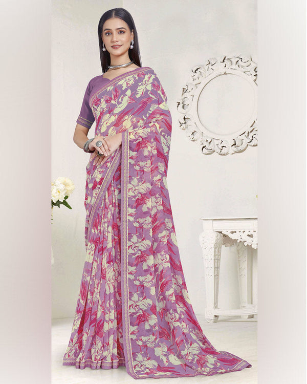 Vishal Prints Dusty Lavender Printed Georgette Saree With Fancy Border