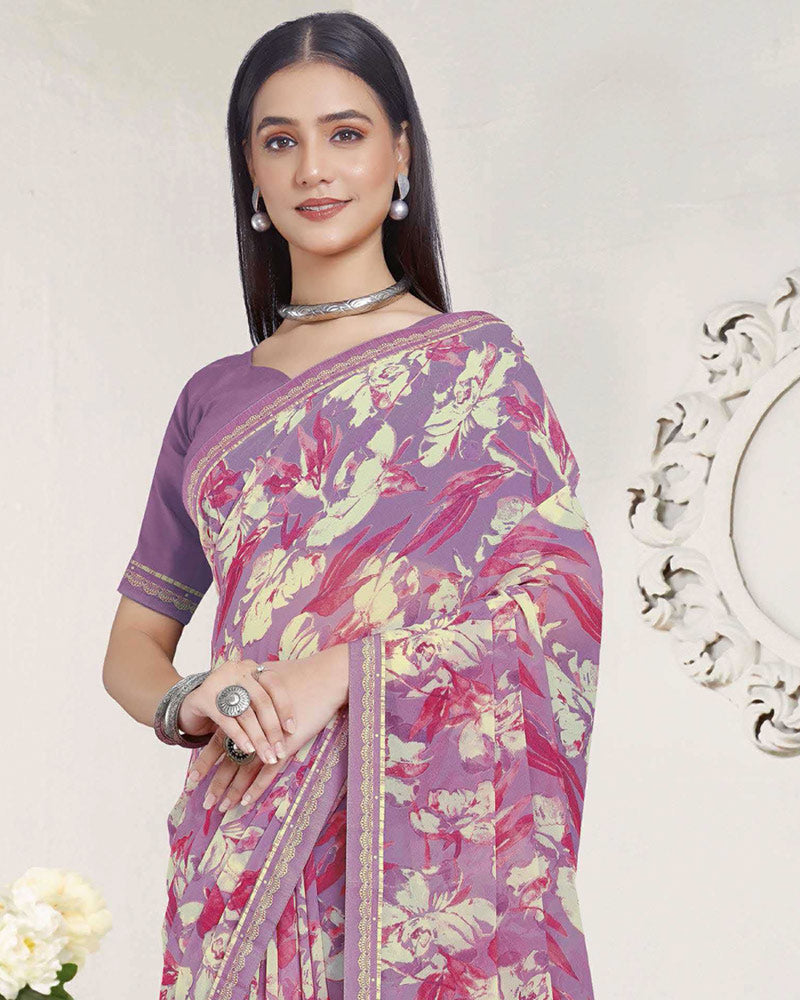Vishal Prints Dusty Lavender Printed Georgette Saree With Fancy Border