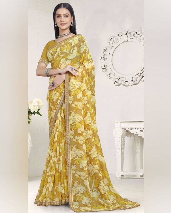 Vishal Prints Ochre Printed Georgette Saree With Fancy Border