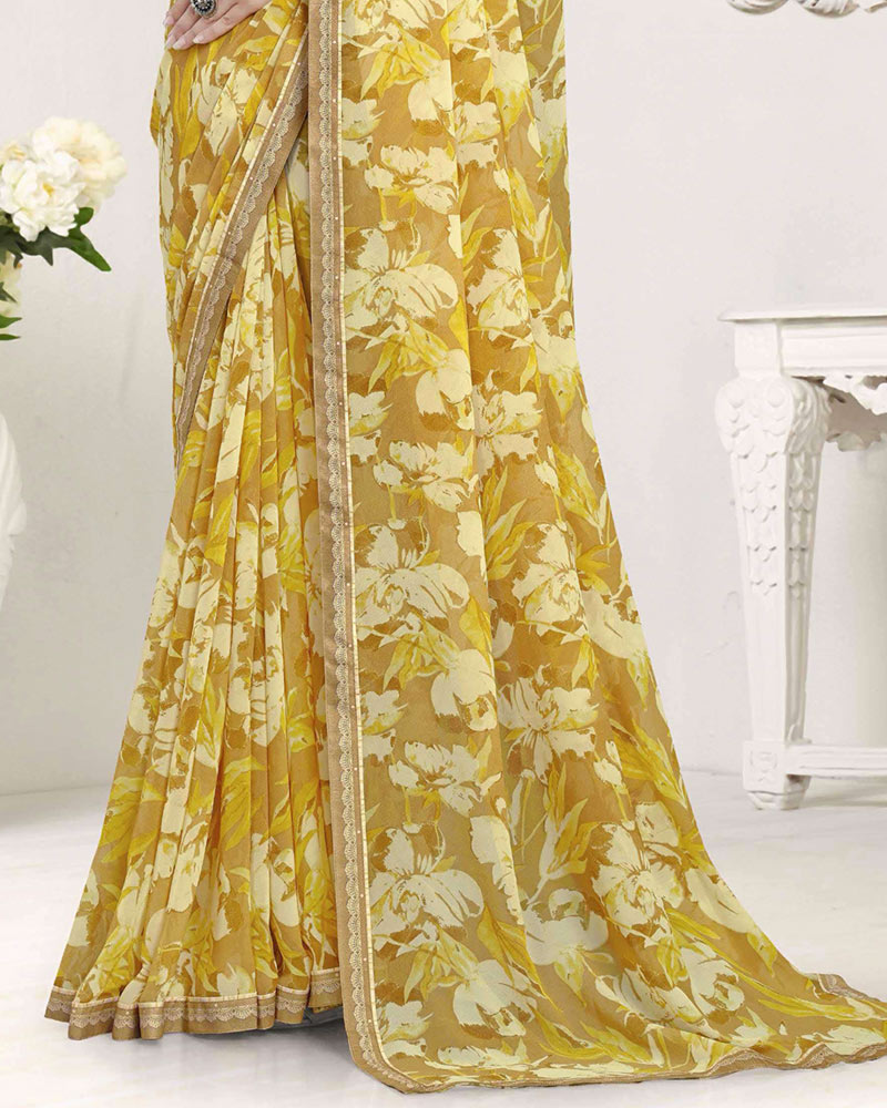 Vishal Prints Ochre Printed Georgette Saree With Fancy Border
