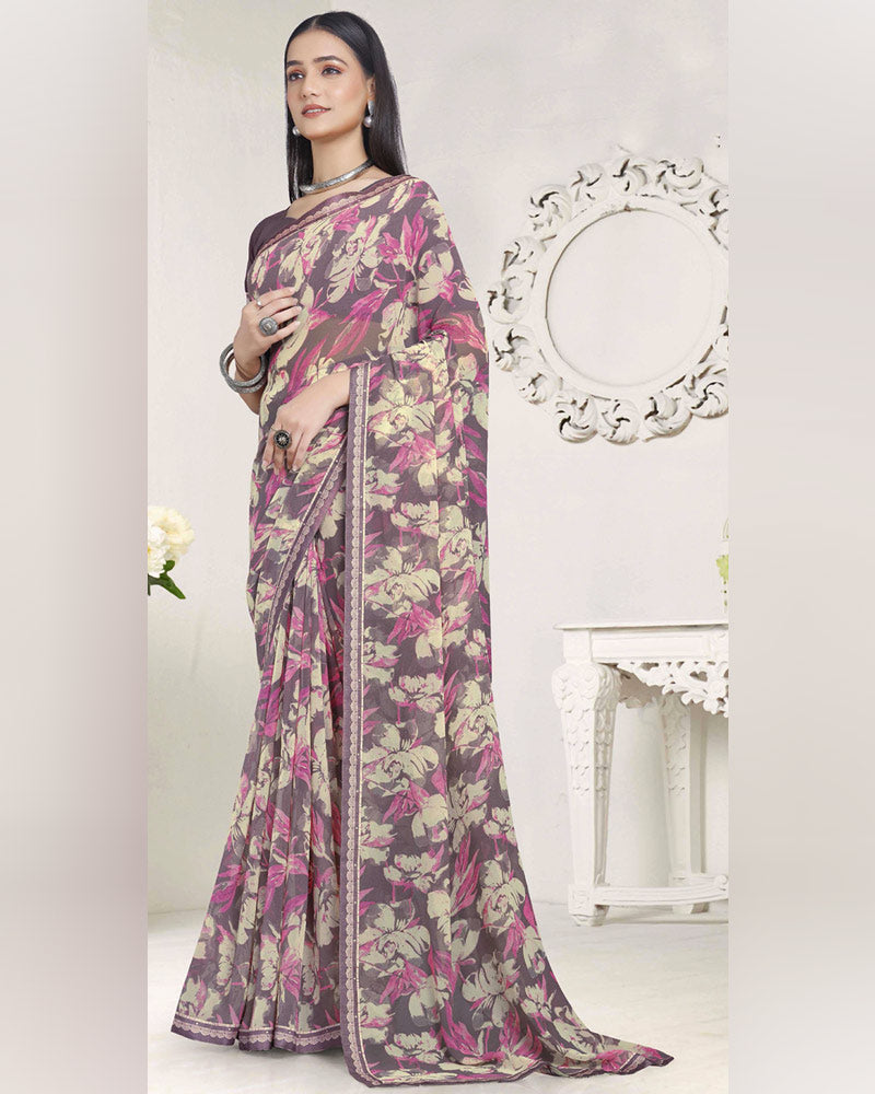 Vishal Prints Dusty Purple Printed Georgette Saree With Fancy Border