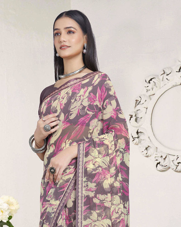 Vishal Prints Dusty Purple Printed Georgette Saree With Fancy Border
