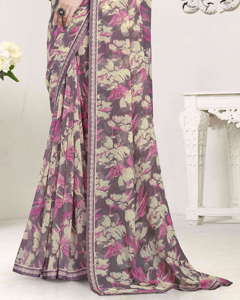 Vishal Prints Dusty Purple Printed Georgette Saree With Fancy Border